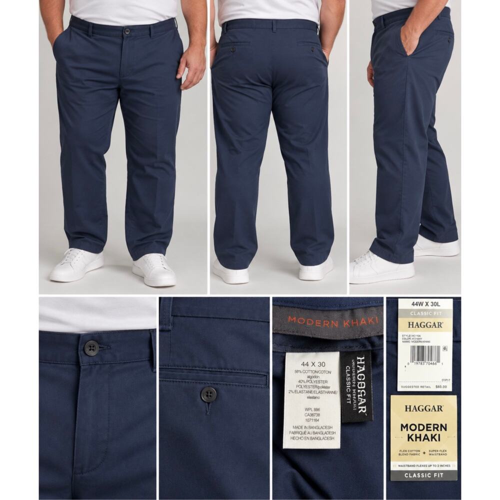 Haggar Modern Khaki Classic Fit Navy Stretch Pants 44x30 NWT Big Tall